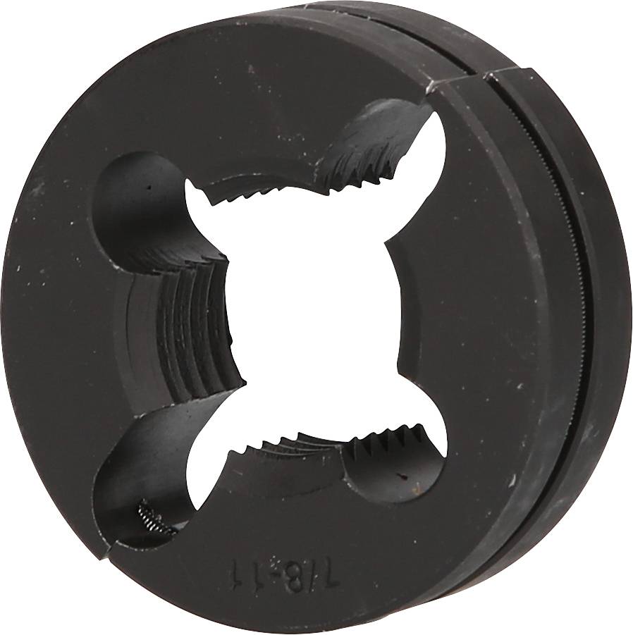 Rundes, schwarzes Schneideisen zur Bearbeitung von Gewinden, mit vier Ausnehmungen.