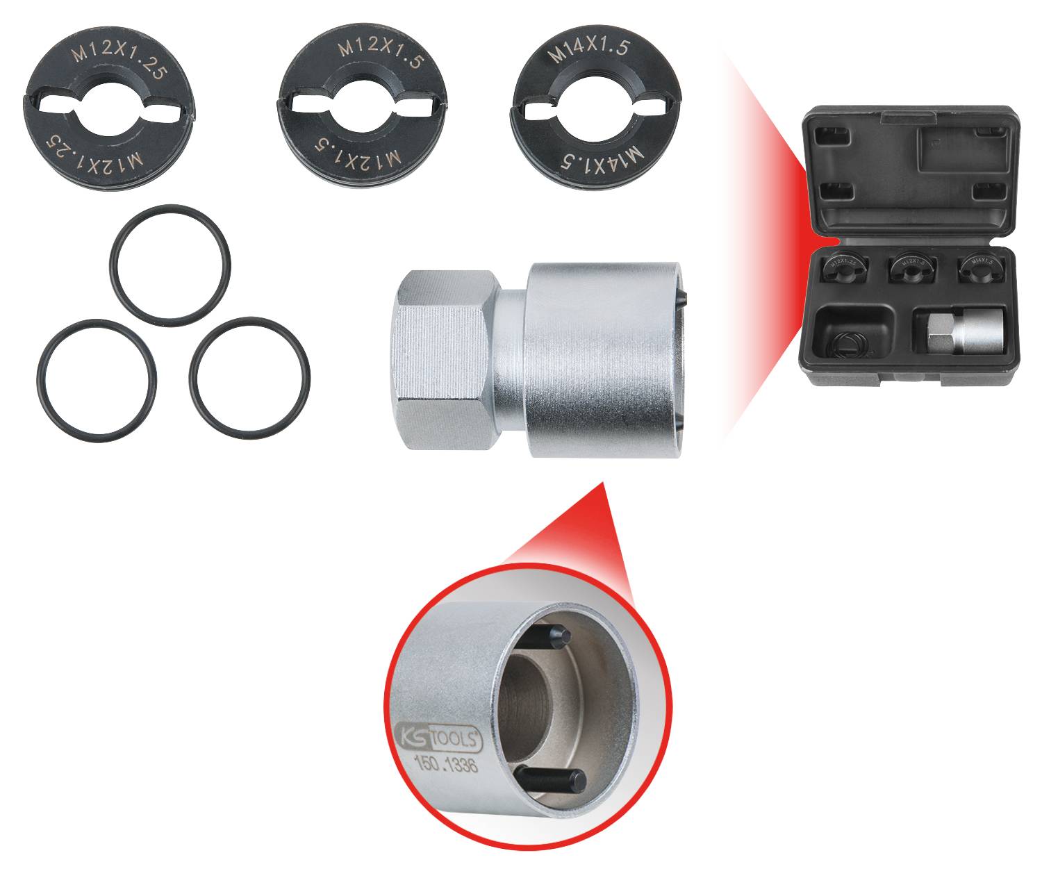 Radsicherungsset enthält drei schwarze Ringscheiben mit M14- und M12-Gewindegrößen, silbernen Adapter und schwarzen Aufbewahrungskoffer.