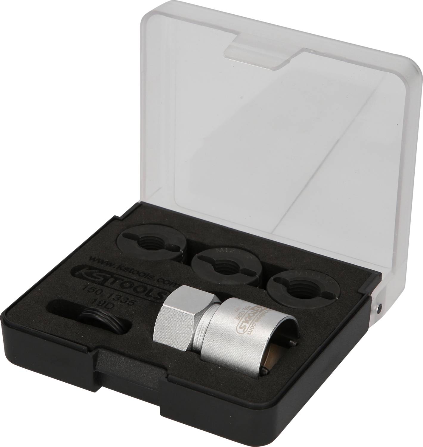 Werkzeugset in offener Plastikbox, mit Stecknüssen und Adapter. Ideal für Reparaturen und Montagearbeiten.