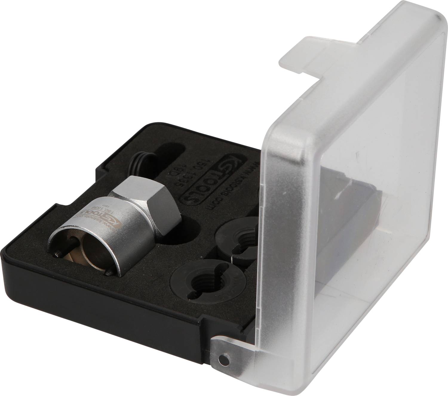 Werkzeugset in einer Plastikbox mit einem silbernen Schlüsselaufsatz und zwei schwarzen Adaptern.