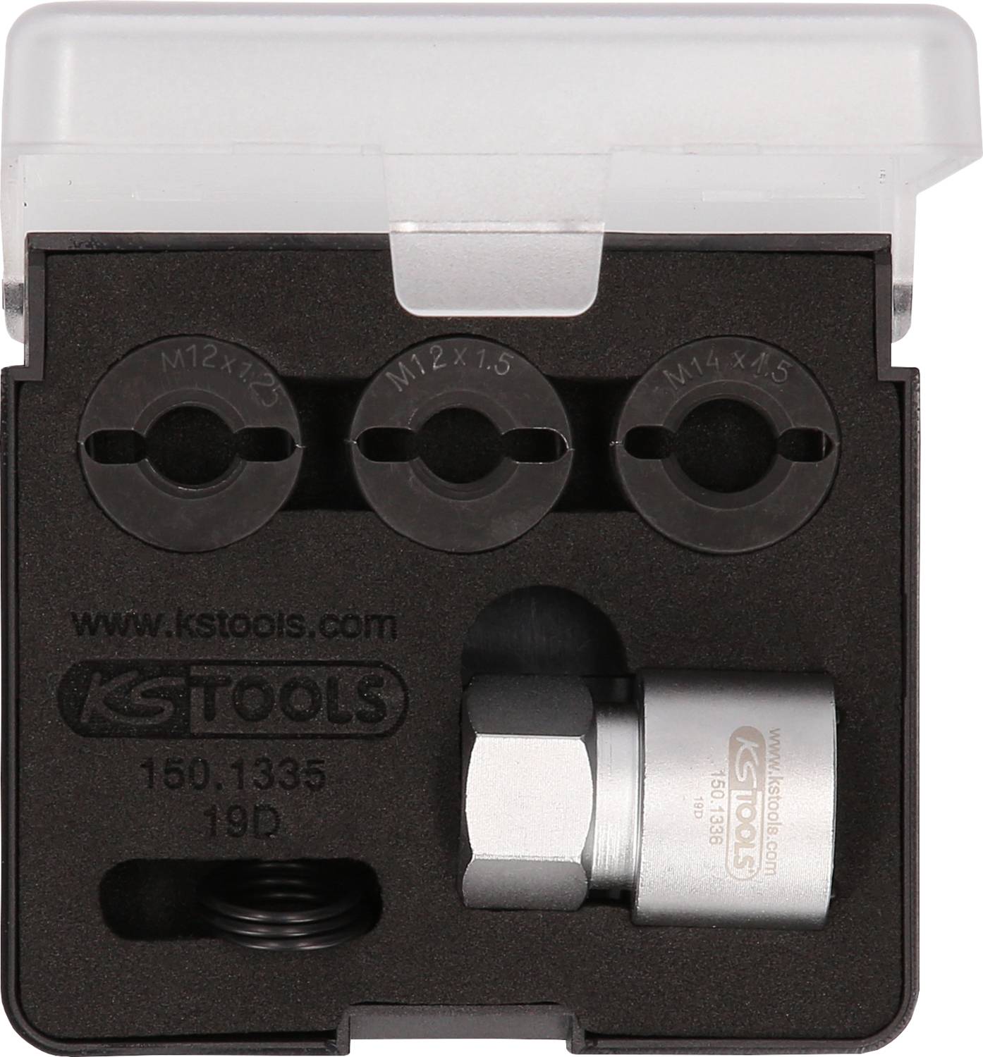 Ein Set von KS Tools, bestehend aus drei Diebstahlsicherungen in einer schwarzen Box. Enthält Größen M12x1.5, M14x1.5 und einen Adapter.