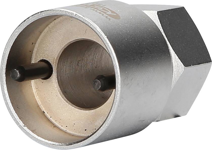 Silberner Metalladapter mit zwei hervorstehenden Stiften und sechseckiger Form, vermutlich ein Spezialwerkzeugaufsatz.