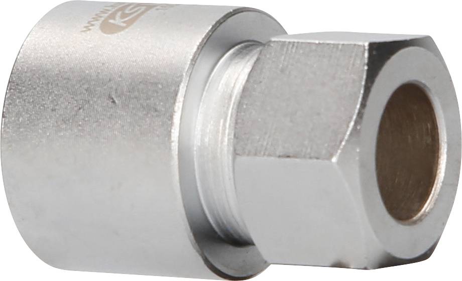 Metallverbindungsteil mit sechseckiger Mutter und zylindrischem Ende, glänzende Oberfläche. Verwendet für präzise mechanische Verbindungen.