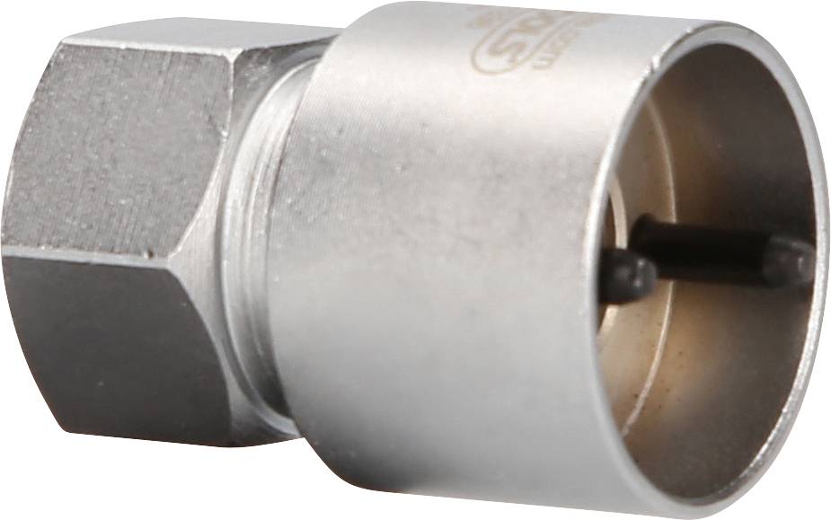 Metalladapter mit Sechskantenden und zylindrischem Gehäuse, geeignet zum Anschließen von Kabeln oder Schläuchen in technischen Anwendungen.