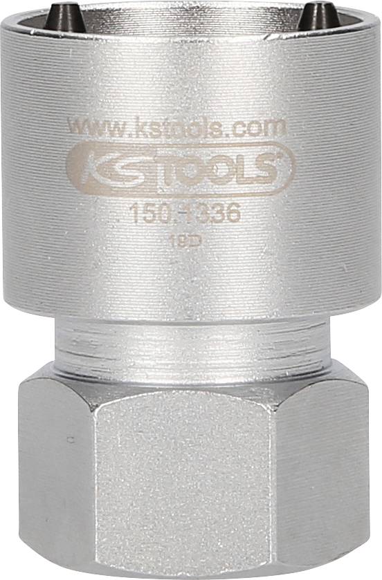 Ein silberner Steckschlüssel mit der Aufschrift 'www.kstools.com KS TOOLS 150.1336 12D', geeignet für das Lösen von Muttern.