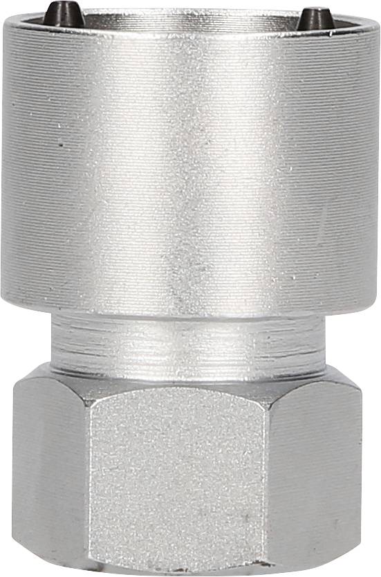 Metallischer Steckschlüssel mit sechseckiger Basis und glatter, zylindrischer Oberfläche, geeignet für technische Anwendungen.