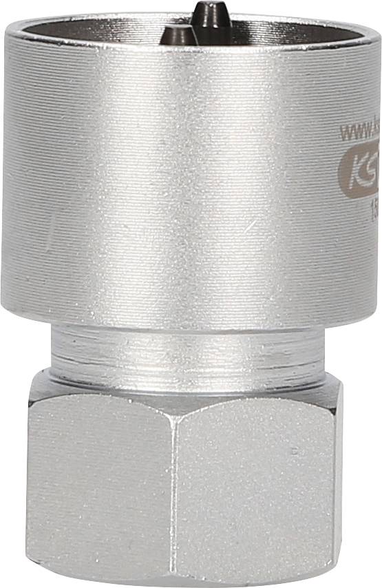 Metallische Sechskant-Mutter, silberfarben, aufrecht stehend.