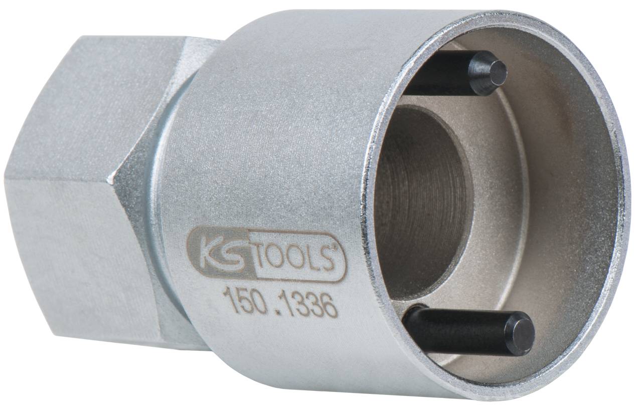 Silberner Metalldopplenker, sechseckige Außenseite, innere Zapfen zur Fixierung, mit 'KS Tools' und Seriennummer graviert.