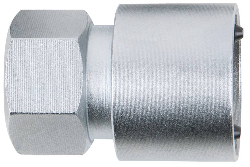 Silberfarbener Metalladapter mit sechseckiger und zylindrischer Form, möglicherweise für Reparatur- oder Montagezwecke.