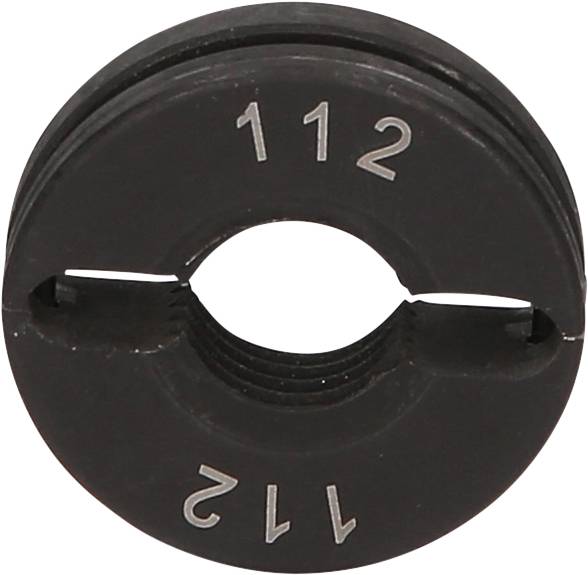 Schwarze metallische Futteraufnahme mit der Nummer '112'. Zylindrische Form, glatt und kompakt, mit zentraler Öffnung.