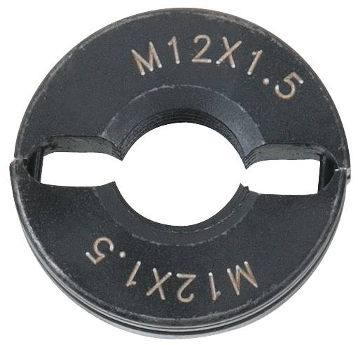 'Schneideisen mit der Aufschrift M12X1.5', dient zum Gewindeschneiden auf Bolzen oder Stangen, wobei M12 die metrische Größe und 1.5 die Steigung ist.