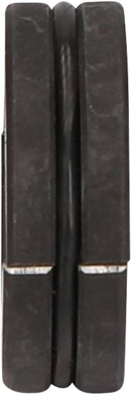 Schwarzes, doppelt gefaltetes Taschenmesser mit abgerundeten Kanten, geschlossen. Metallische Details an den Scharnieren sichtbar.