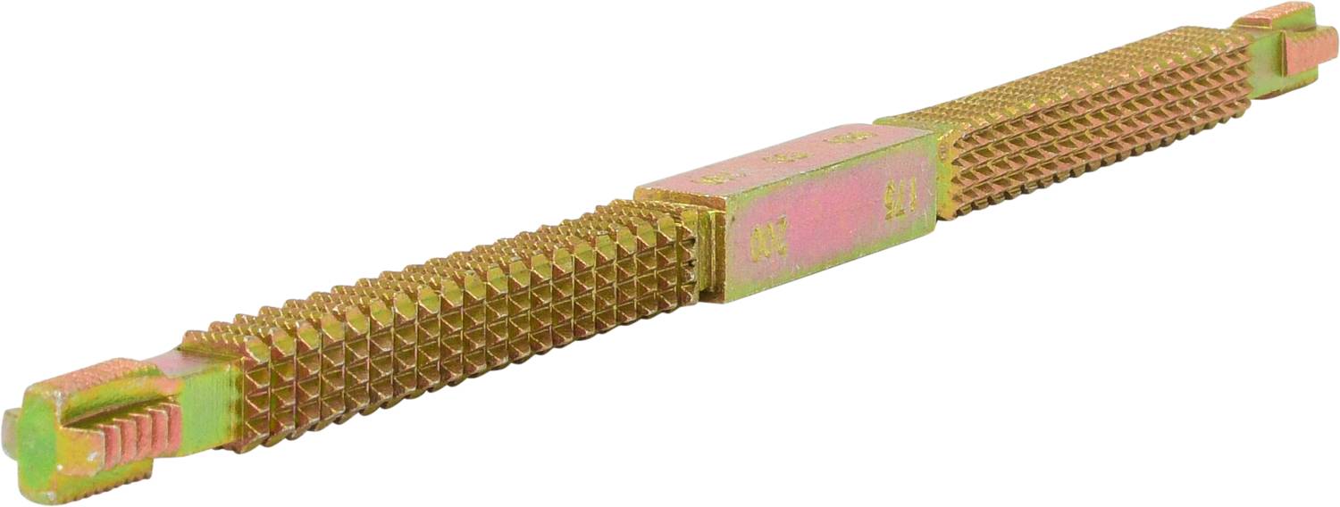 Ein goldfarbenes Metallwerkzeug mit gezackten Enden und geriffelter Oberfläche, verwendet zum Einsetzen und Entfernen von Bauteilen.