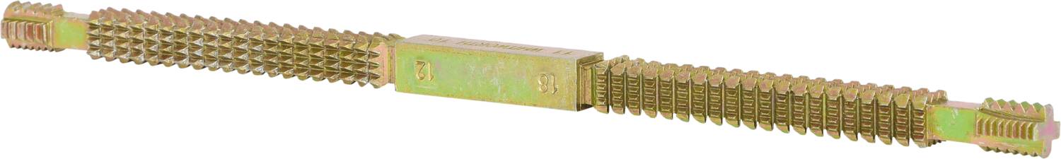 Ein doppelseitiger Schneideisenhalter aus Metall mit gerippten Enden. Verwendet zur Befestigung und Bearbeitung von Gewinden in Werkstücken.