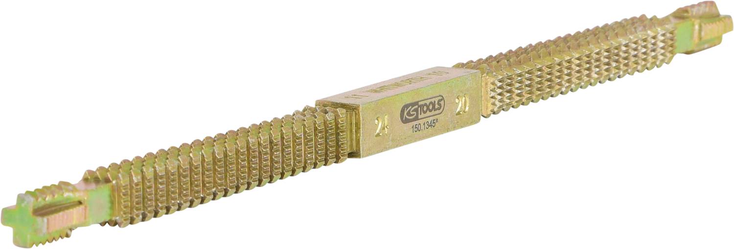 Ein Metall-Gewindereparaturwerkzeug mit doppelten, gezahnten Enden auf einem weißen Hintergrund.