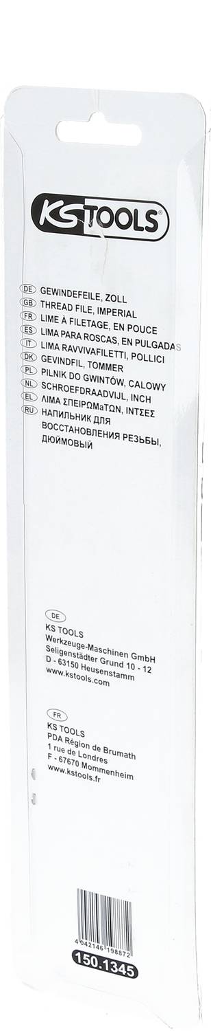 Verpackung eines Ratschenwerkzeugs von KS Tools, enthält Angaben zu Maßen und Materialien wie metrische und Zollgrößen sowie Chrom-Vanadium-Stahl.