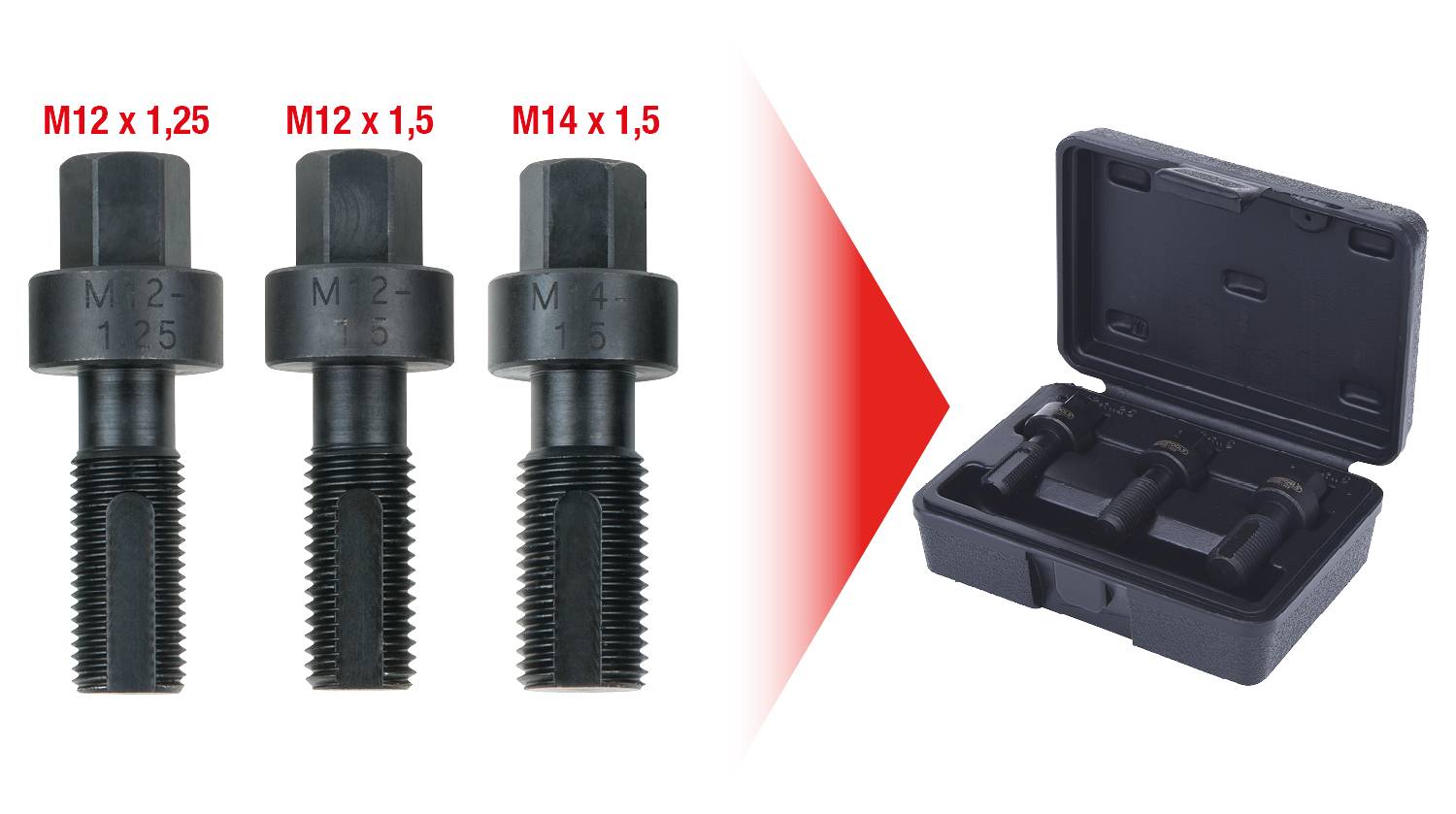 Drei schwarze Schrauben mit den Größenangaben M12 x 1,25, M12 x 1,5, M14 x 1,5 links, daneben ein schwarzer Werkzeugkoffer.