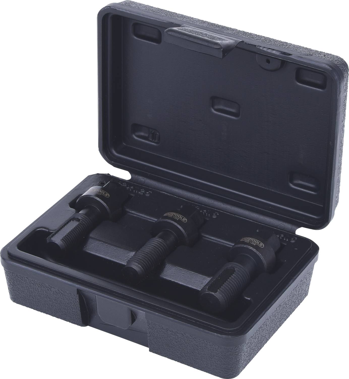 Schwarze Werkzeugkoffer mit drei Gewindebohrern in Schaumstoff. Geöffnet, um die Werkzeuge zu zeigen. Werkstattausrüstung.
