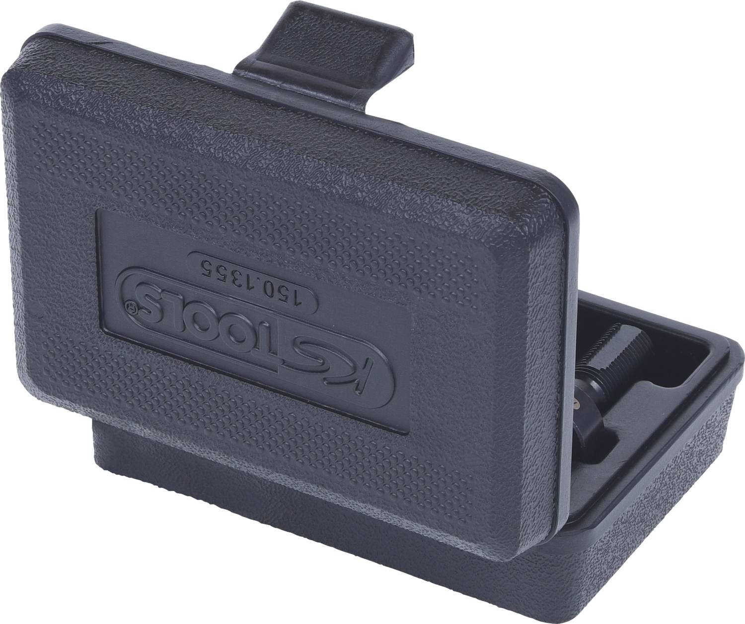 Schwarzes Kunststoffetui mit dem Logo 'Tools', offen mit einem Einschnitt für Kleinteile oder Werkzeuge.