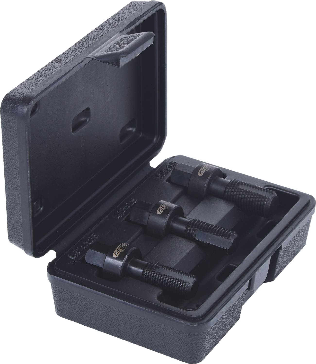 Ein schwarzer Kunststoffkoffer enthält drei robuste Schrauben in individuell gepolsterten Fächern, geeignet für Werkzeuge oder Montagen.