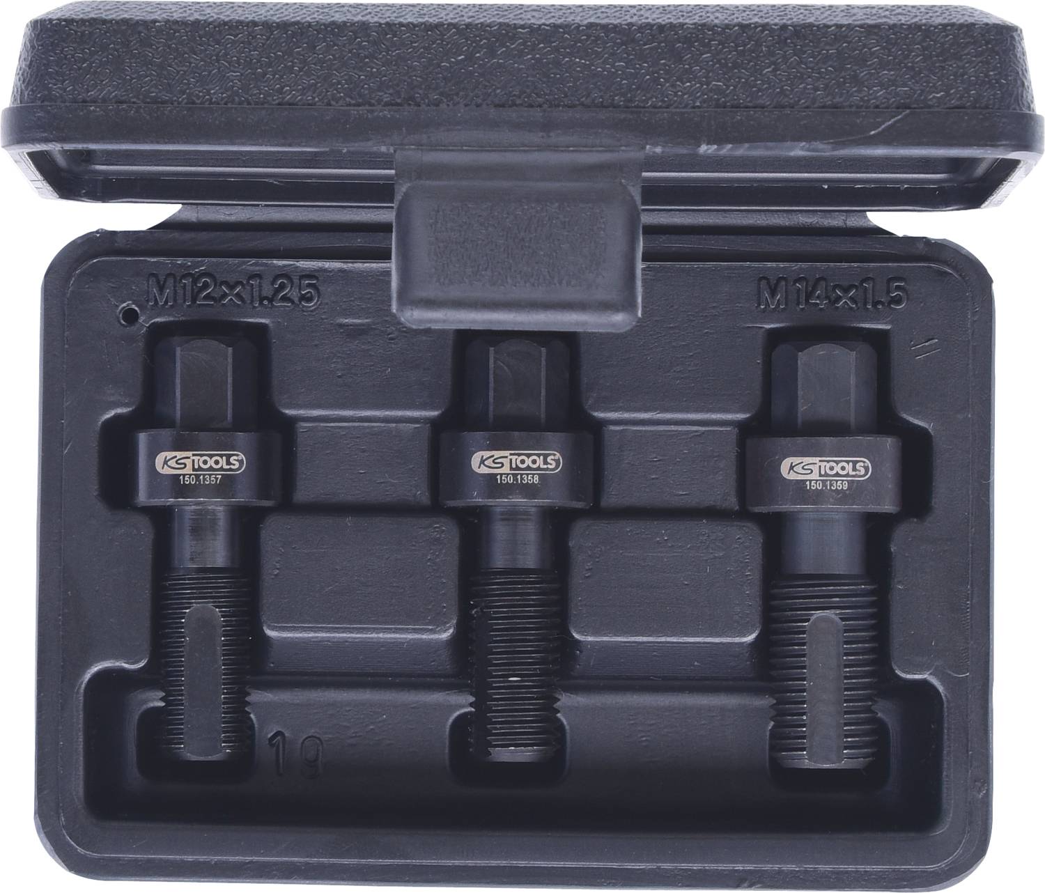 Drei Schraubenextractoren in einer schwarzen Kunststoffbox. Größen: M12x1,25, M14x1,25, M14x1,5. Markierung: KS TOOLS.