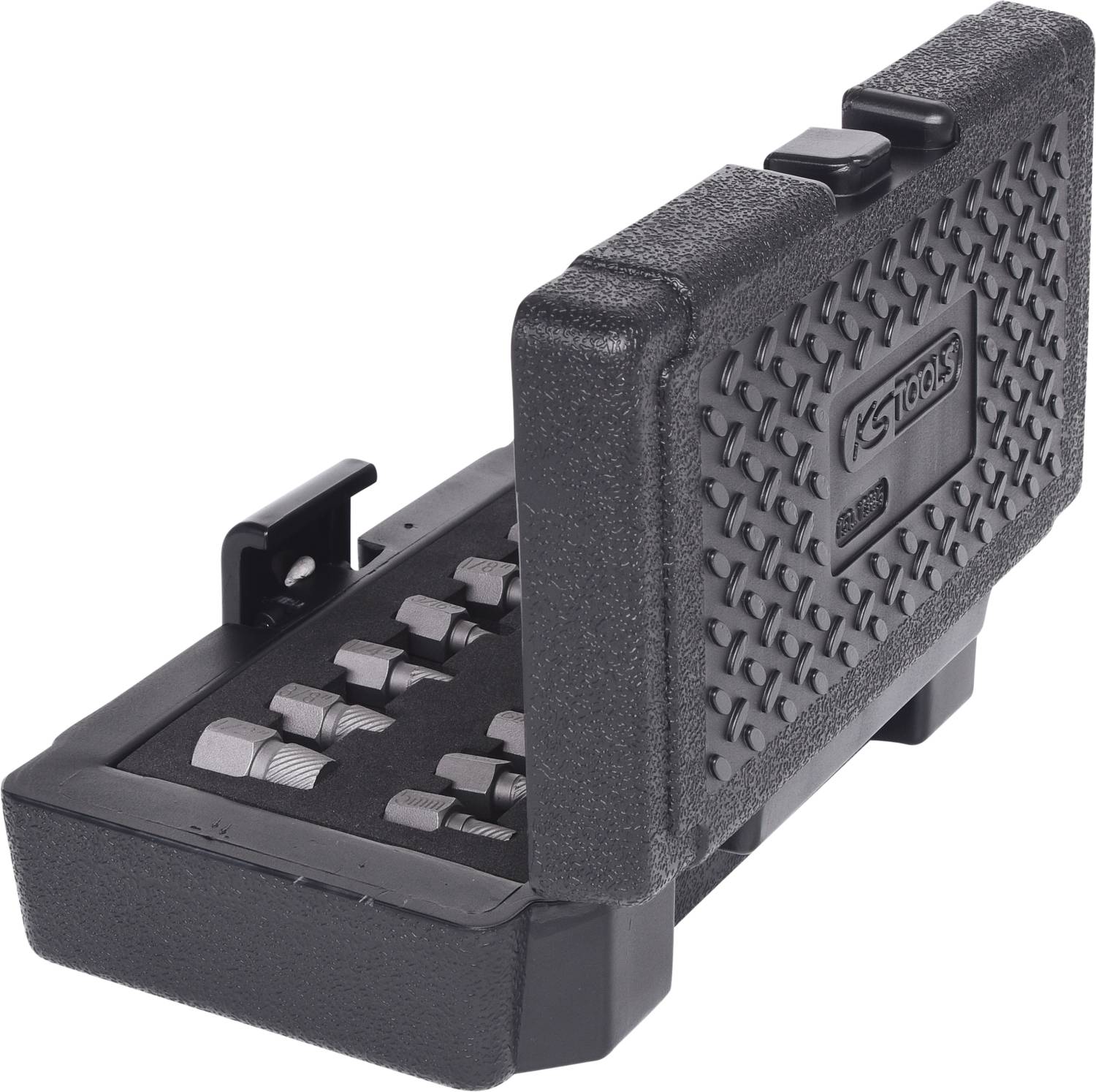 Ein offener Werkzeugkasten mit verschiedenen Sechskant-Aufsätzen, geordnet in einem Schaumstoff-Einsatz.