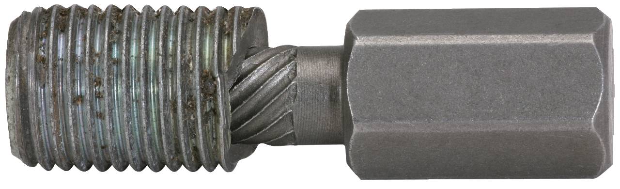 Ein abgebrochener Schraubenausdreher mit Gewinde, geeignet zum Entfernen abgebrochener Schrauben, liegt auf einer weißen Fläche.