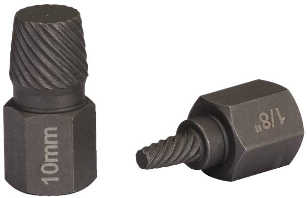 Zwei dunkle Aufsätze für Schraubenentferner mit Größenangaben '10 mm' und '1/8'. Spiralstruktur für besseren Halt auf beschädigten Schrauben.