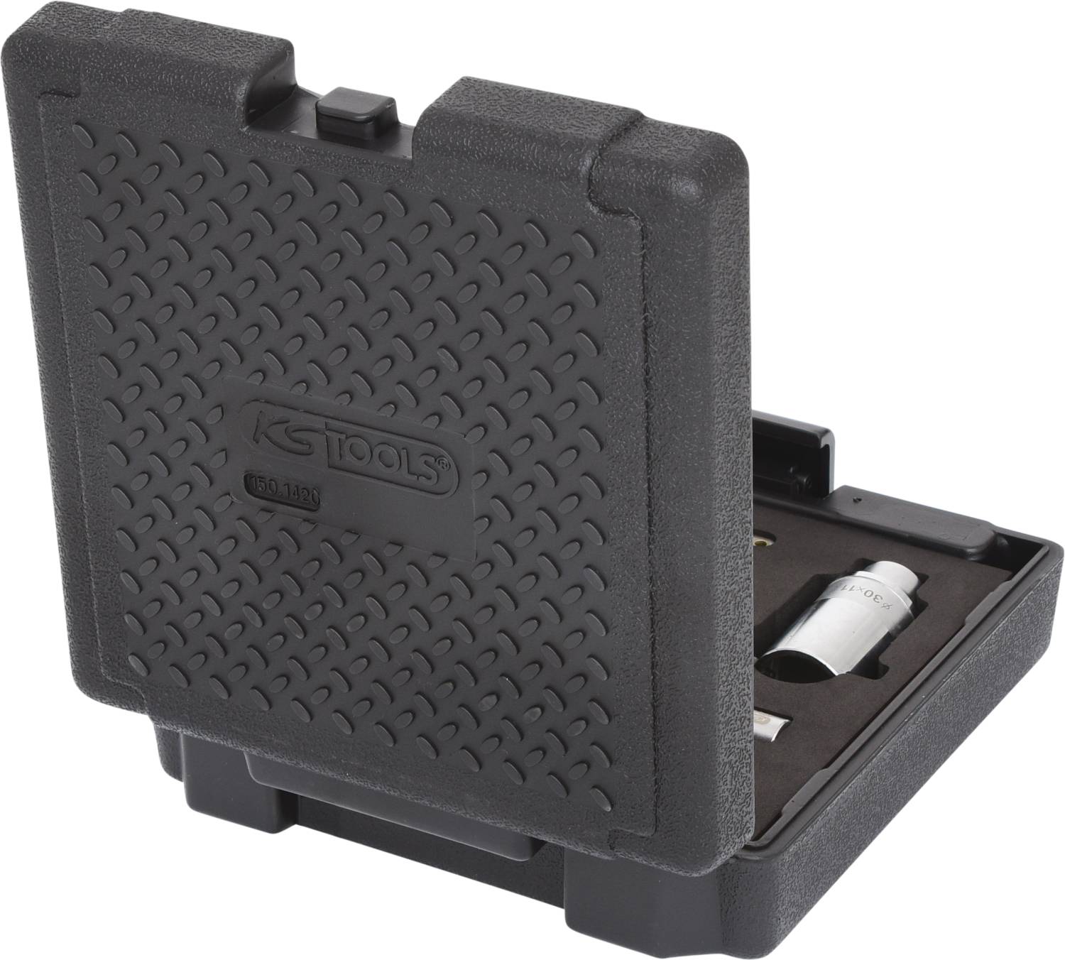 Ein geöffneter schwarzer Werkzeugkoffer zeigt verschiedene Adapter und Werkzeuge, präzise angeordnet für geordnete Aufbewahrung.