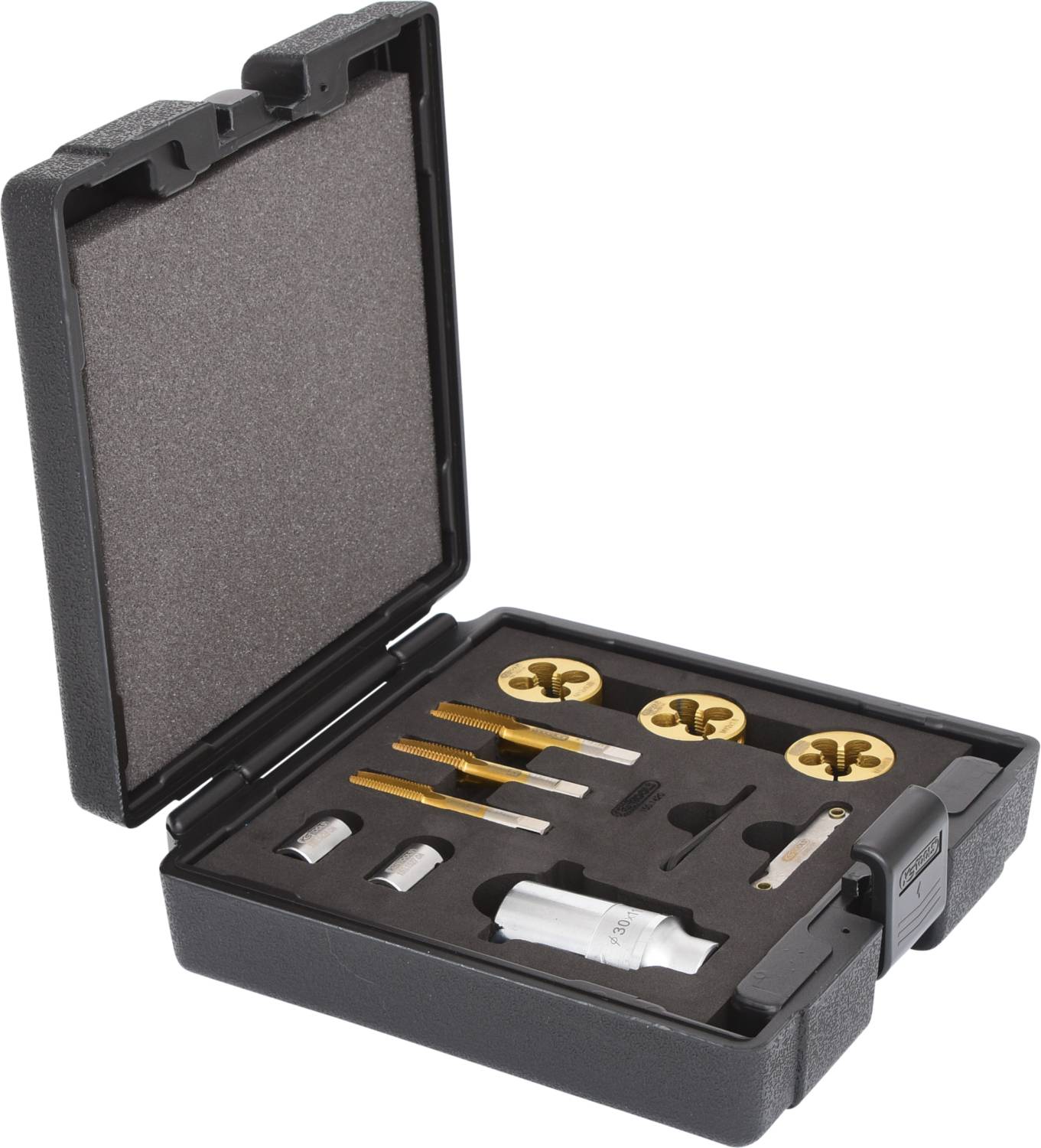 Ein schwarzes Etui mit offenem Deckel zeigt verschiedene goldene und silberne Werkzeugeinsätze, wie Zylinder- und Rundschneider.