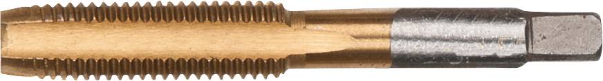Ein Metall-Gewindebohrer für die Herstellung von Innengewinden in Werkstücken, aus goldfarbenem Stahl mit silberner Spitze.