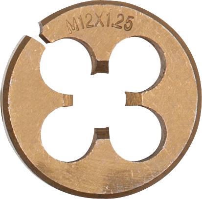 Ein Rundgewindeschneideisen aus Metall mit vier Öffnungen, beschriftet mit 'M12X1.25', zum Schneiden von metrischen Gewinden.