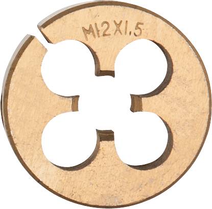 Rundes Gewindeschneideisen aus Metall mit der Aufschrift 'M12x1.5', das zum Schneiden von Gewinden auf Stangen verwendet wird.