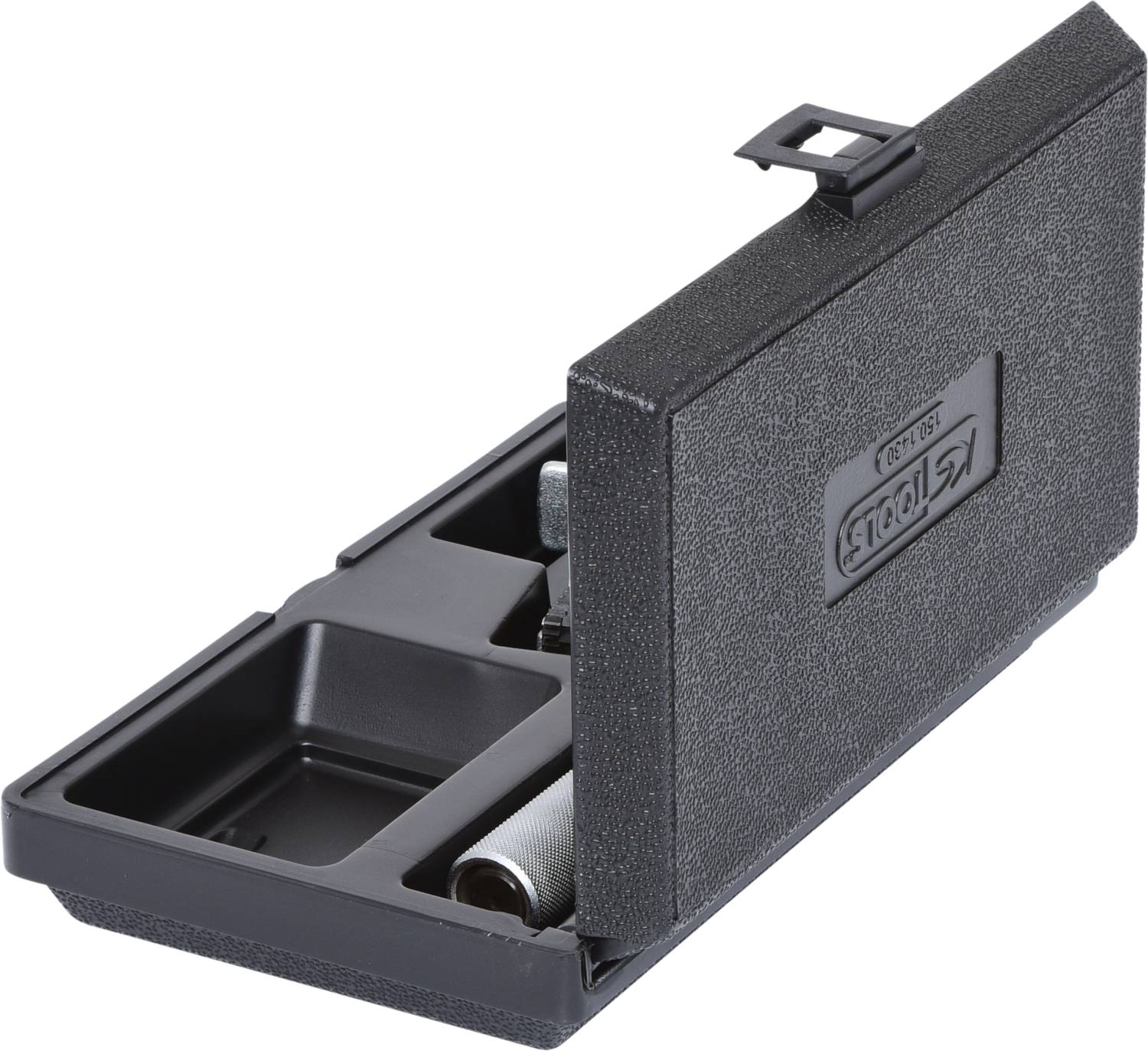 Kleine schwarze Werkzeugbox mit Fächern für Schrauben und Zubehör, Deckel offen, zeigt inneren Inhalt.