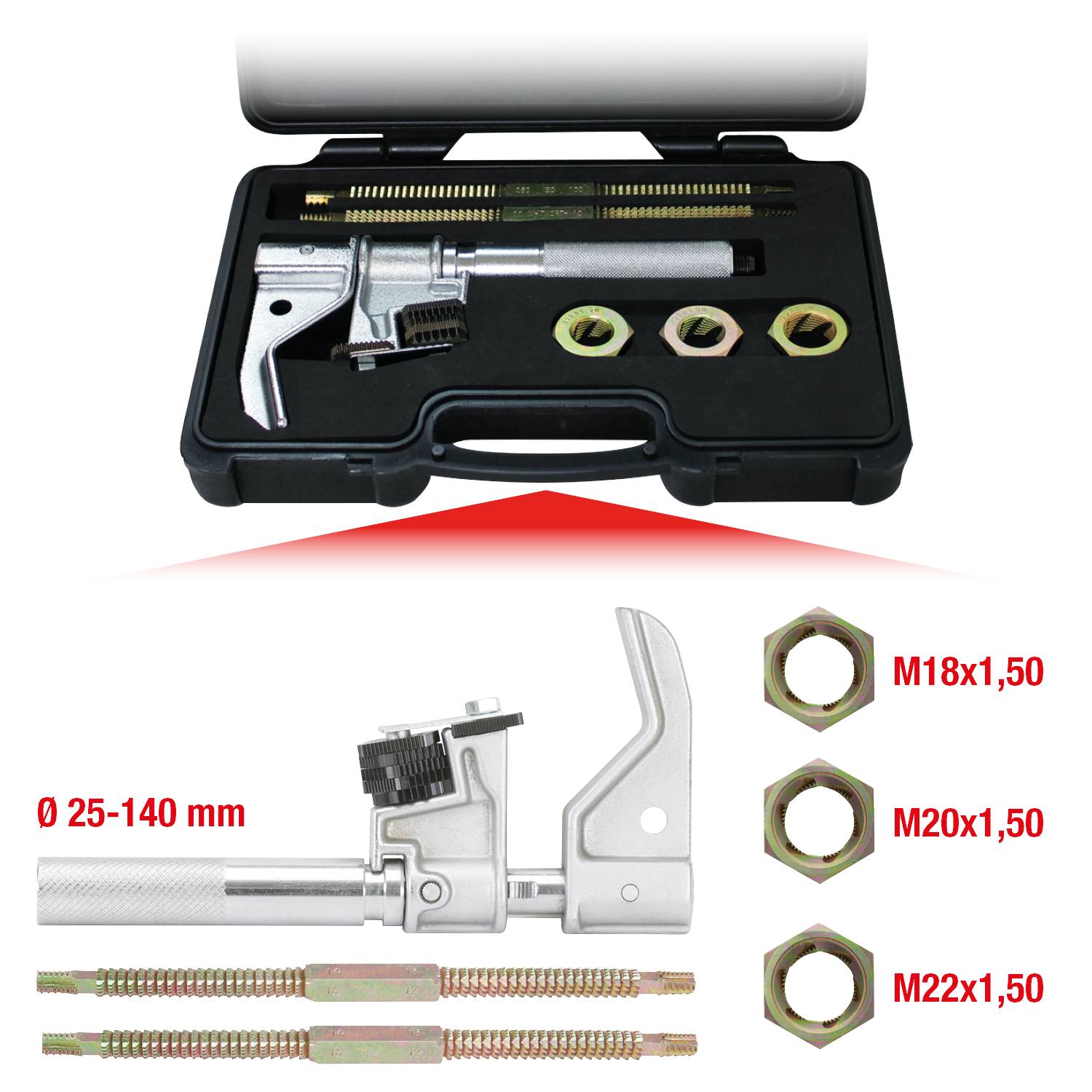 Werkzeugkoffer mit einstellbarem Rohrschneider und Zubehör zur Anpassung von Rohren mit Durchmessern von 25-140 mm.