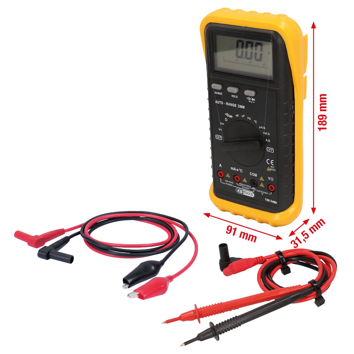 Ein digitales Multimeter mit gelbem Schutzgehäuse, abgebildet mit Messleitungen und Krokodilklemmen, das Messungen anzeigt.