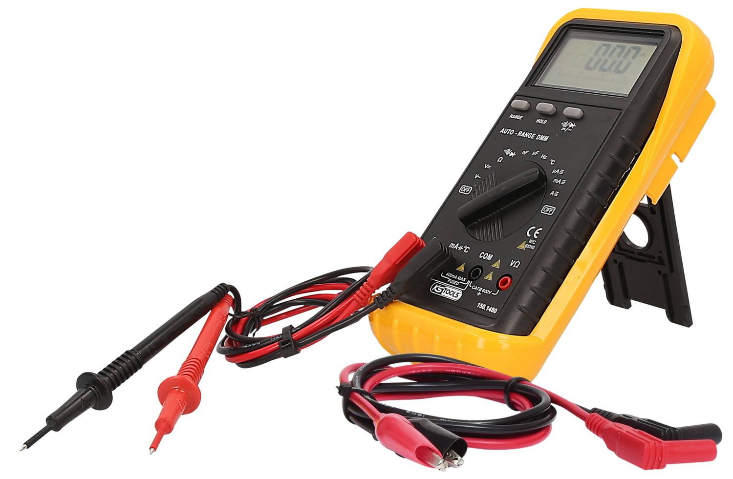 Digitales Multimeter mit gelbem Gehäuse, schwarzer Anzeige und roten sowie schwarzen Messkabeln. Steht vertikal auf Ständer.