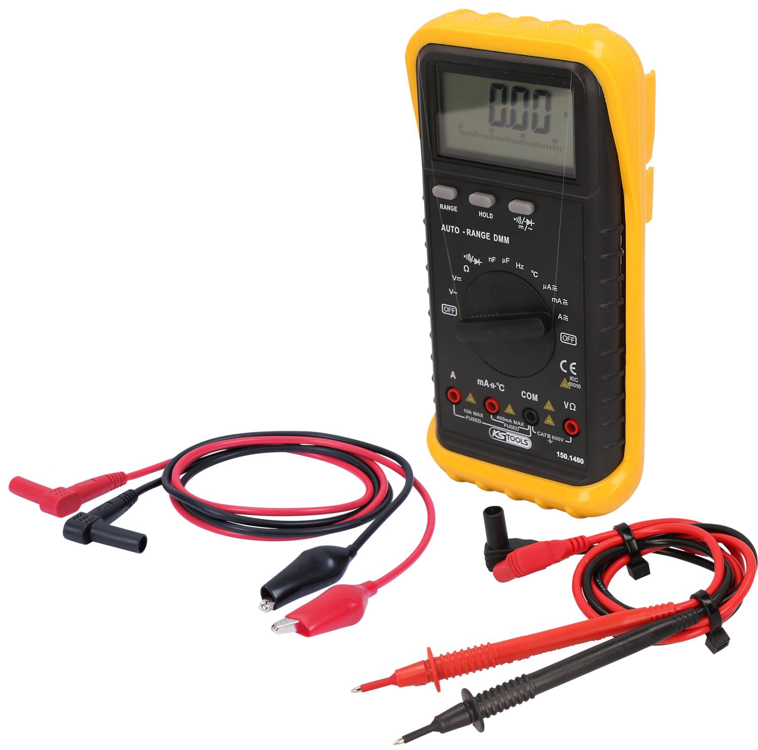 Digitalmultimeter mit gelbem Gehäuse, zeigt '0.00' auf dem Display. Daneben rot-schwarze Messkabel mit Krokodilklemmen und Tastspitzen.