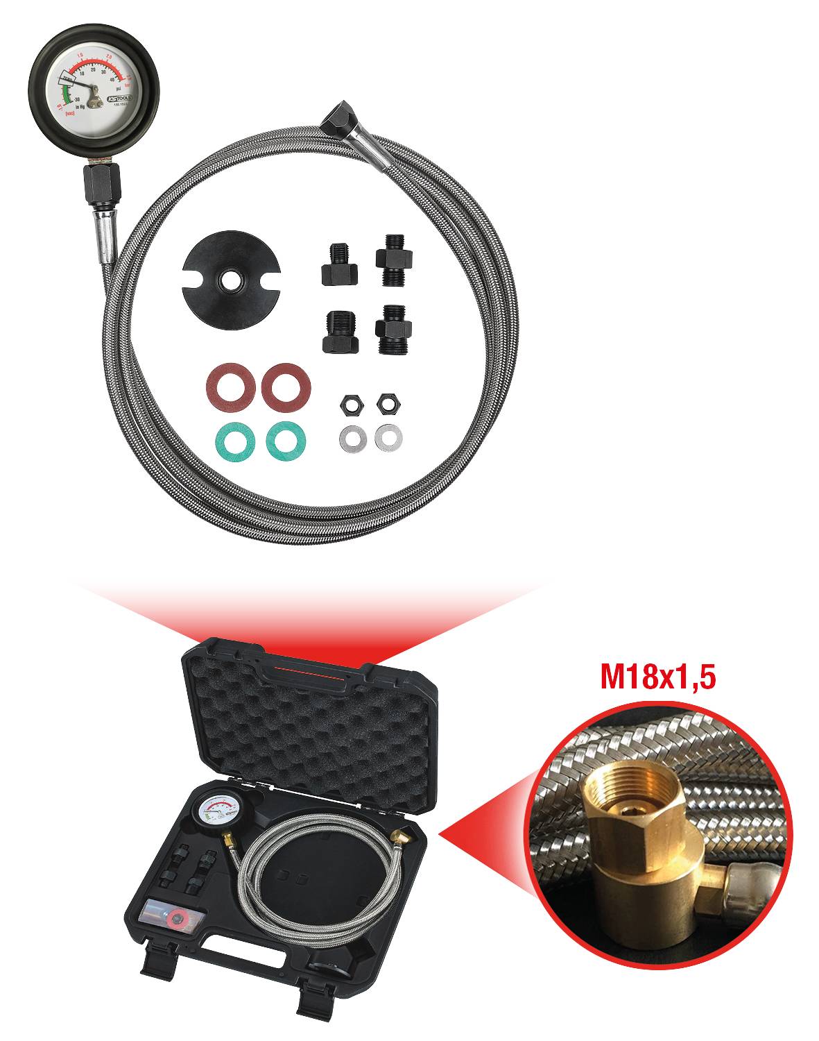 KS Tools 150.1523 Auspuff-Abgasdruck-Prüfgerät -1 bis +3 bar