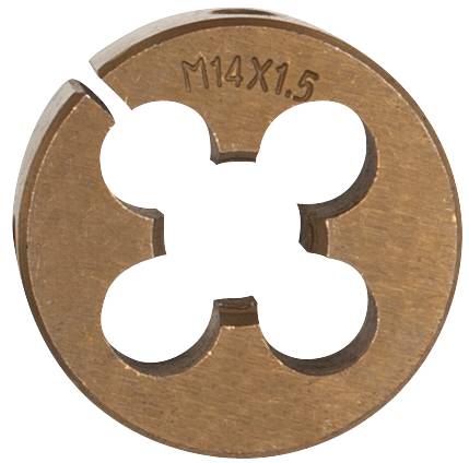 Rundes Gewindeschneideisen mit der Gravur 'M14X1.5', zeigt vier symmetrische Schneidlöcher und eine Schlitzeinkerbung am Rand.