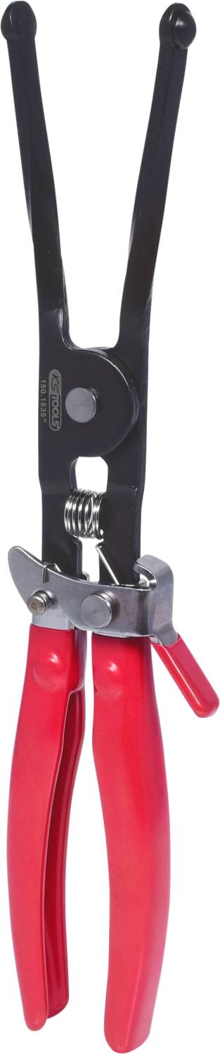 Rote und schwarze Zange mit Federmechanismus. Hauptsächlich verwendet zum Lösen von Schlauchschellen bei Automobilanwendungen.