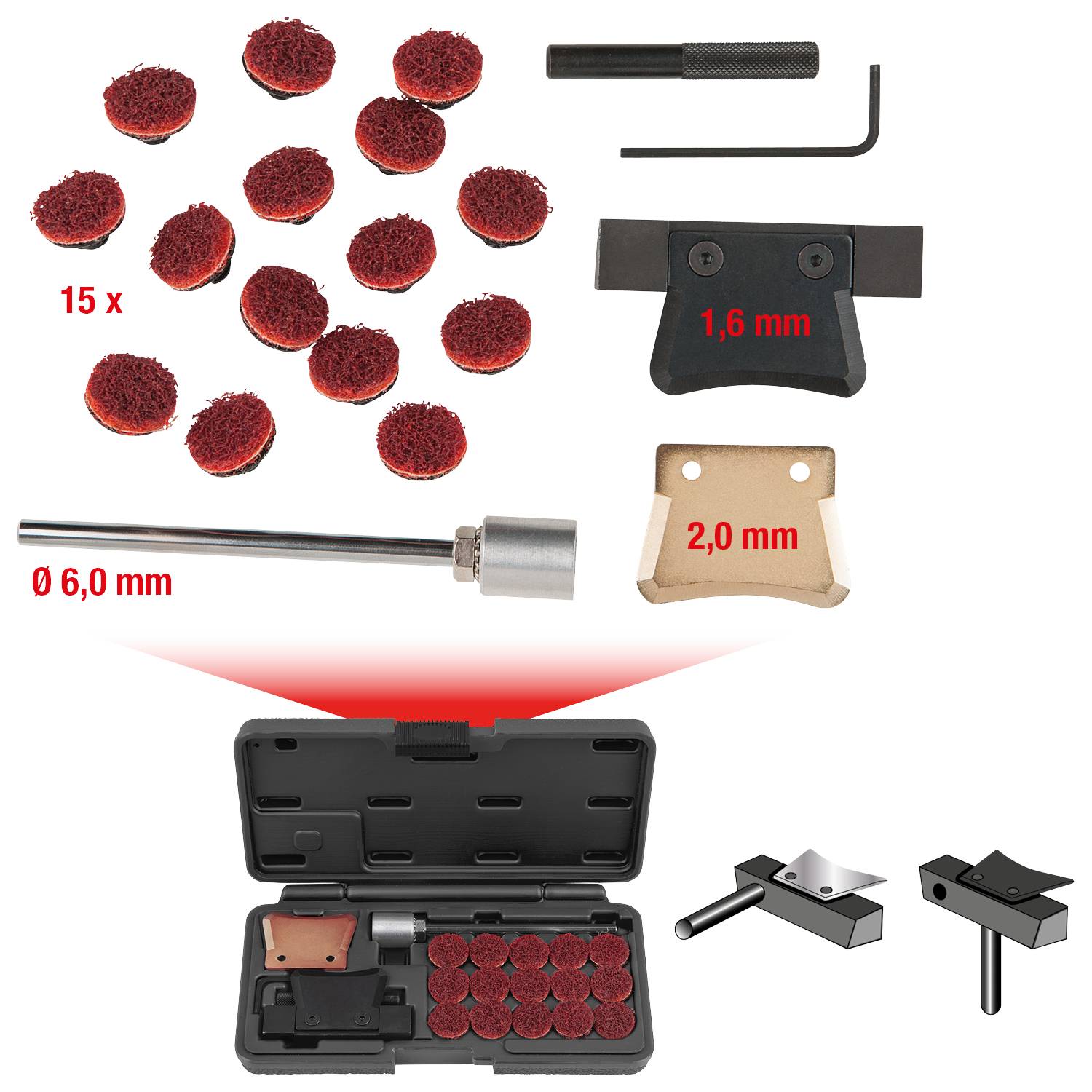 Werkzeugset zur Scheibenmontage: 15 Reinigungspads, Multitool mit Haken, Abstandshalter (1,6 mm), Adapter (Ø 6,0 mm), Box.