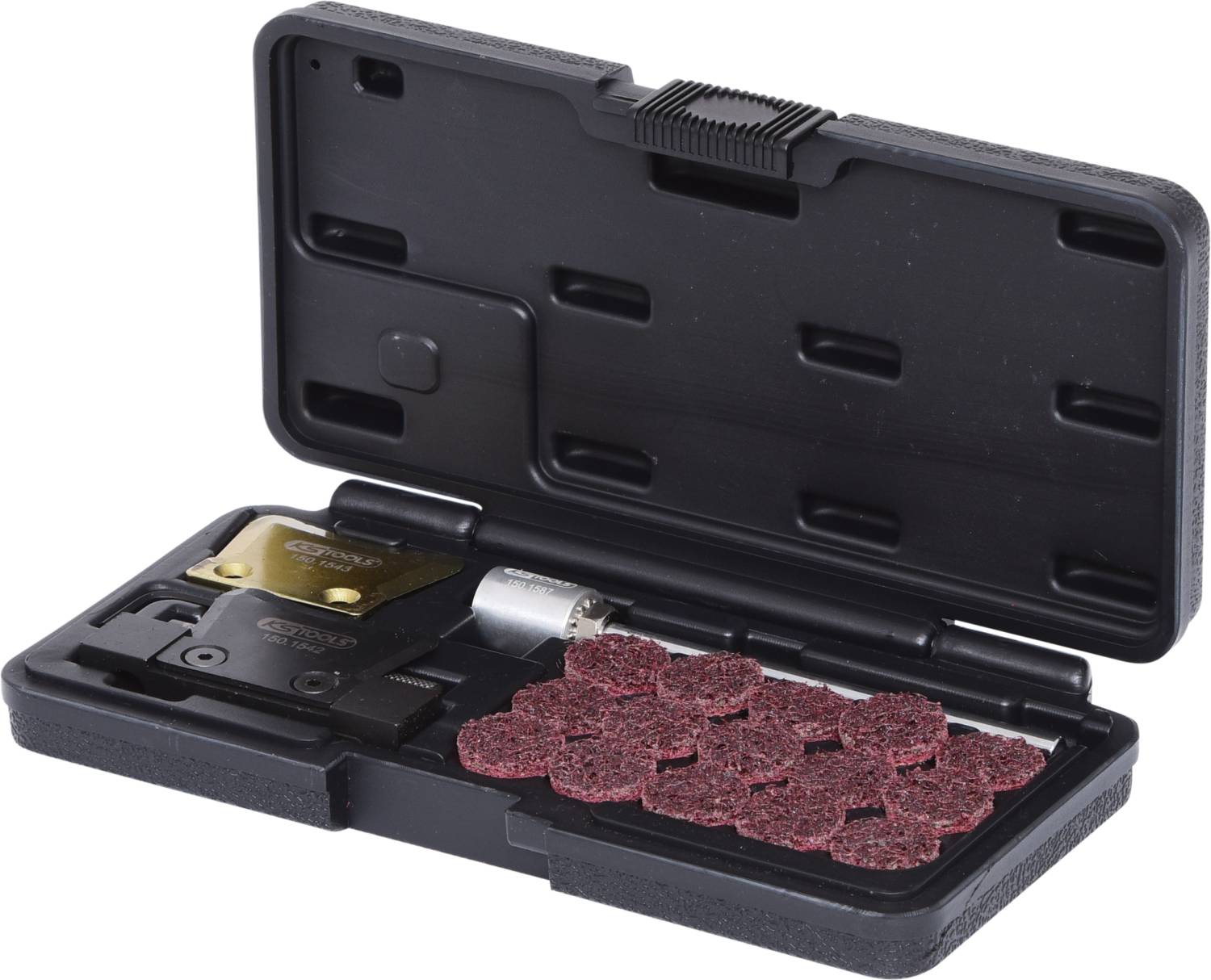 Ein offenes schwarzes Etui zeigt ein Set, bestehend aus einem Werkzeug und mehreren rotbraunen Schleifscheiben, geordnet in Reihen.