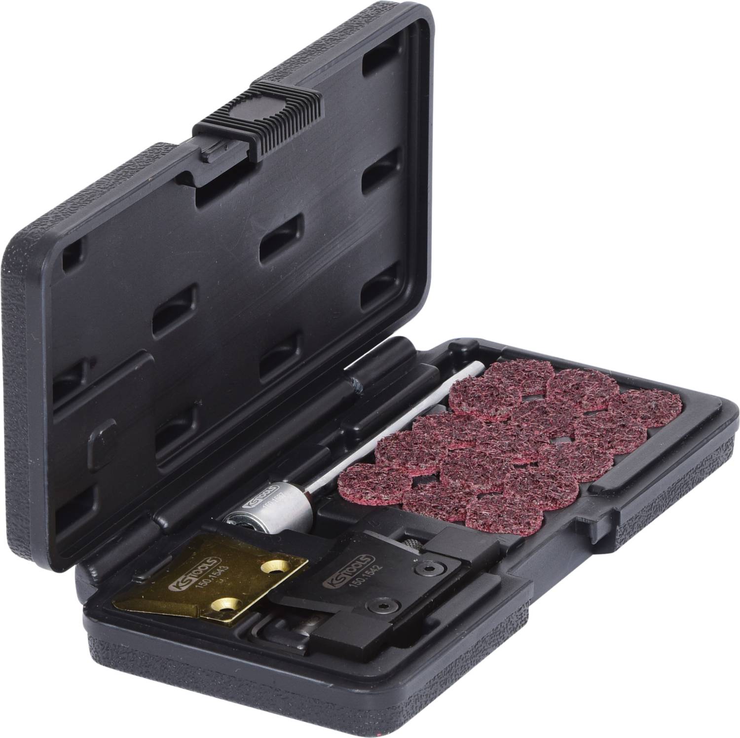 Ein offenes schwarzes Etui mit Werkzeugen, das Schleif- und Schneidzubehör für eine Bohrmaschine enthält.