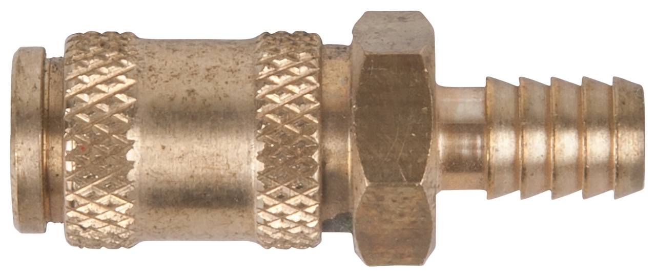Metallischer Schlauchanschluss mit gerändeltem Griff und Schraubgewinde. Geeignet für die Verbindung mit kompatiblen Schläuchen.