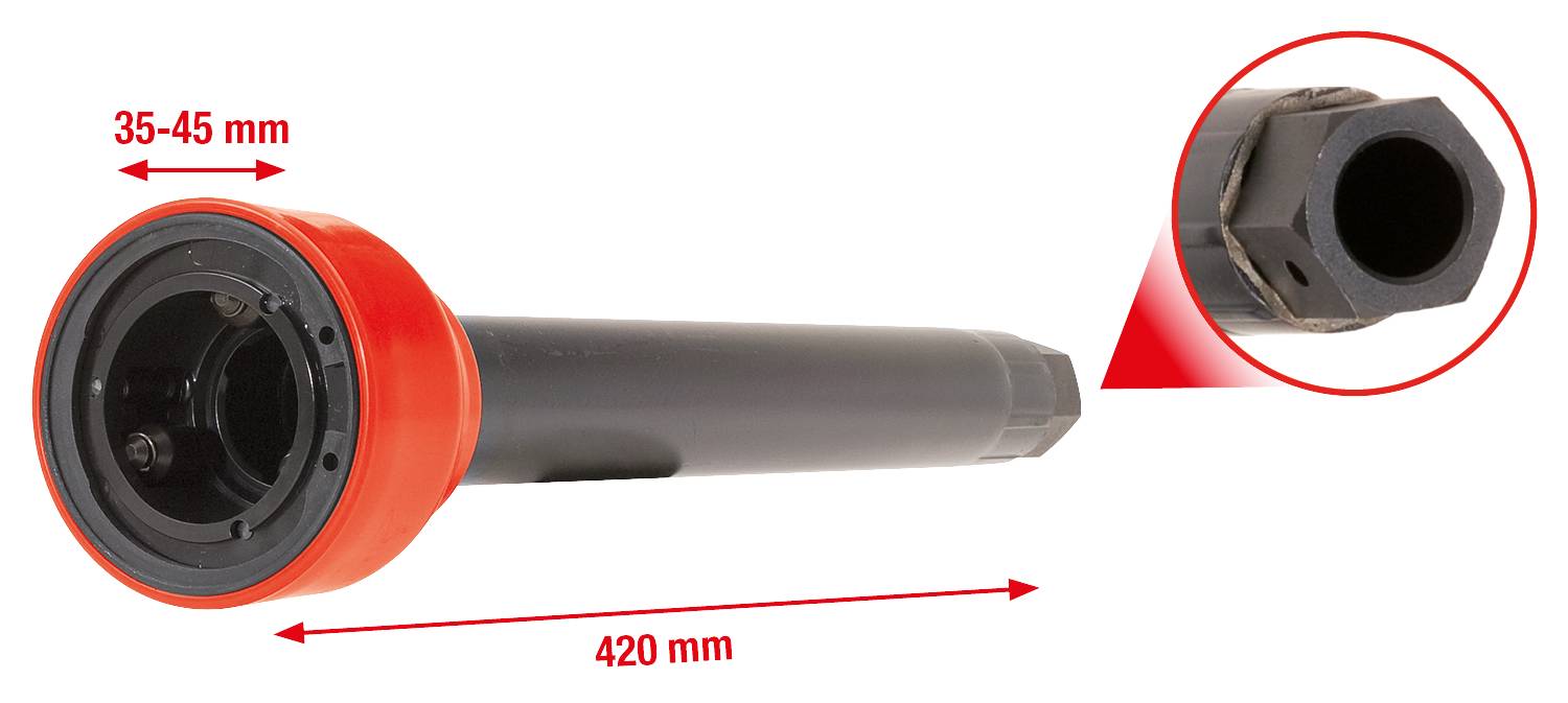 Rohrstück mit roten Enden, Länge 420 mm, Durchmesser 35-45 mm. Nahaufnahme des sechseckigen Innendurchmessers.