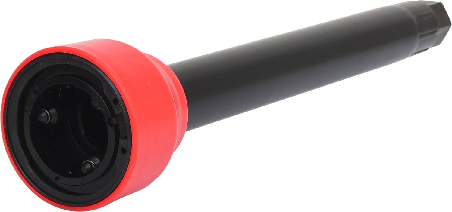 Ein schwarzes Kunststoffrohr mit einem roten Ende und zwei kleinen Metallkontakten.