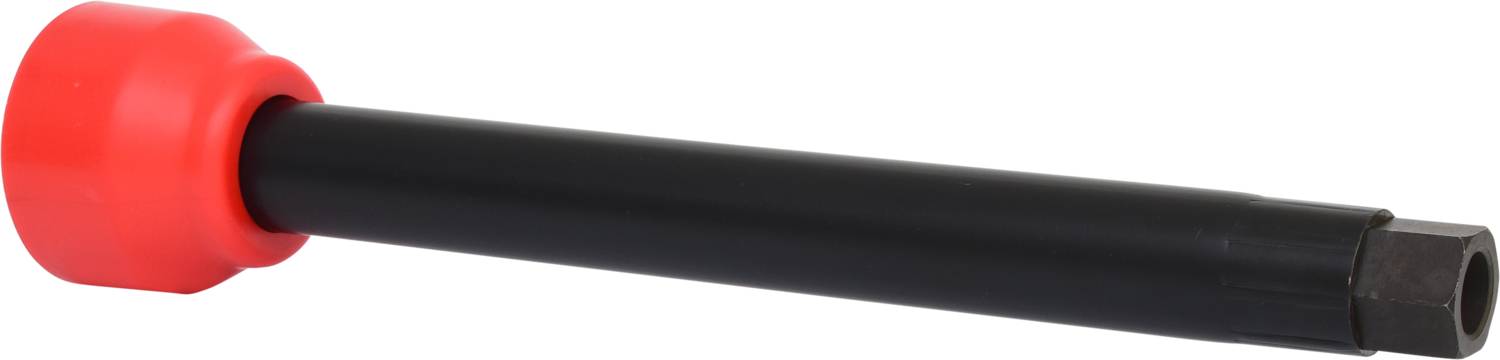 Ein rotes, langes Werkzeug mit schwarzem Schaft und sechskantigem Ende, möglicherweise ein Spezialadapter oder Aufsatz.