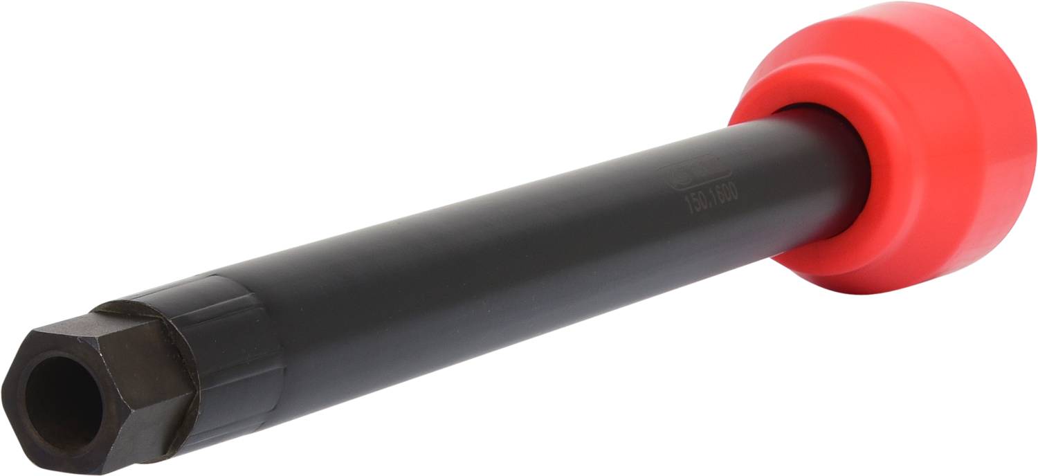 Schwarzer Metallstab mit einer roten Kunststoffkappe am Ende, möglicherweise ein Werkzeug oder Maschinenteil.
