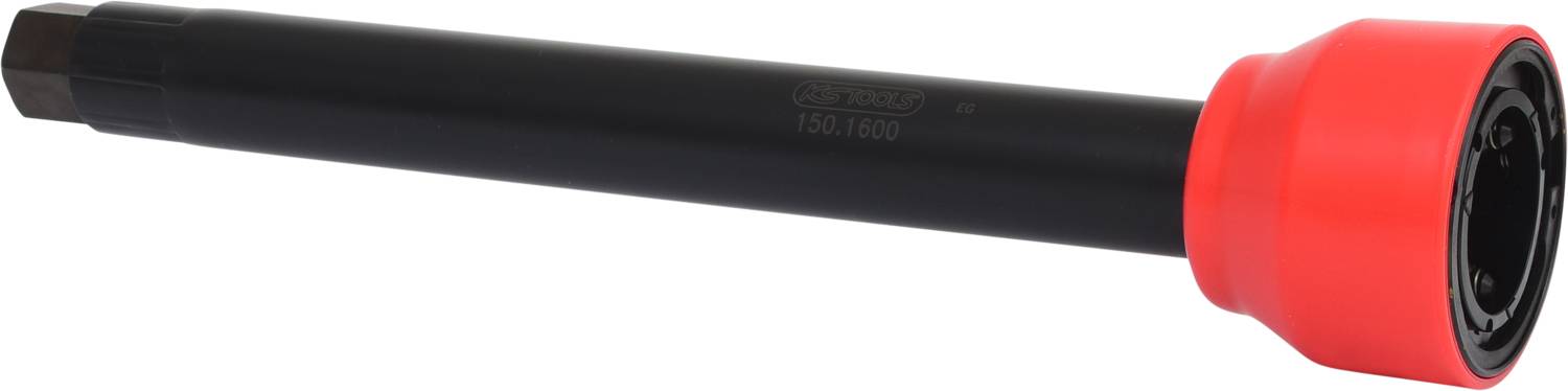 Ein rotes und schwarzes Werkzeug, das einem langen Schraubenschlüssel ähnelt. Es wird möglicherweise zur Befestigung oder zum Lösen von Schrauben verwendet.